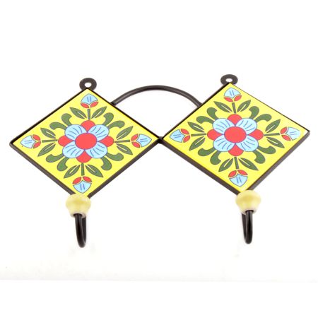 Yellow And Turquoise Ceramic Floral Tiles Hooks